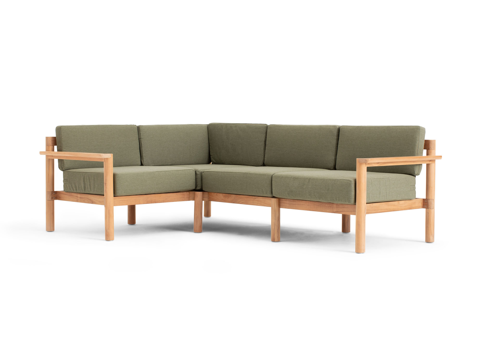 Front angle view of 4-piece outdoor sectional with green cushions